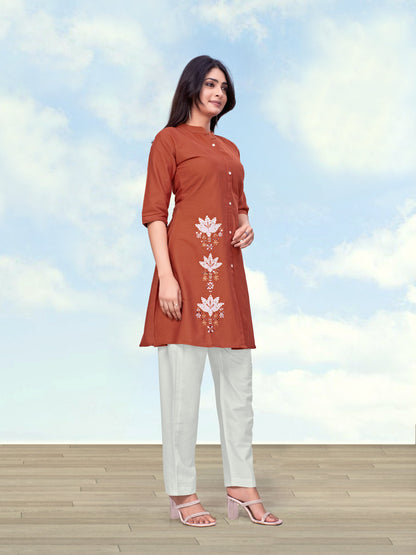Monjolika Fashion Rust Color Cotton Flex Embroidered Work Kurta Set