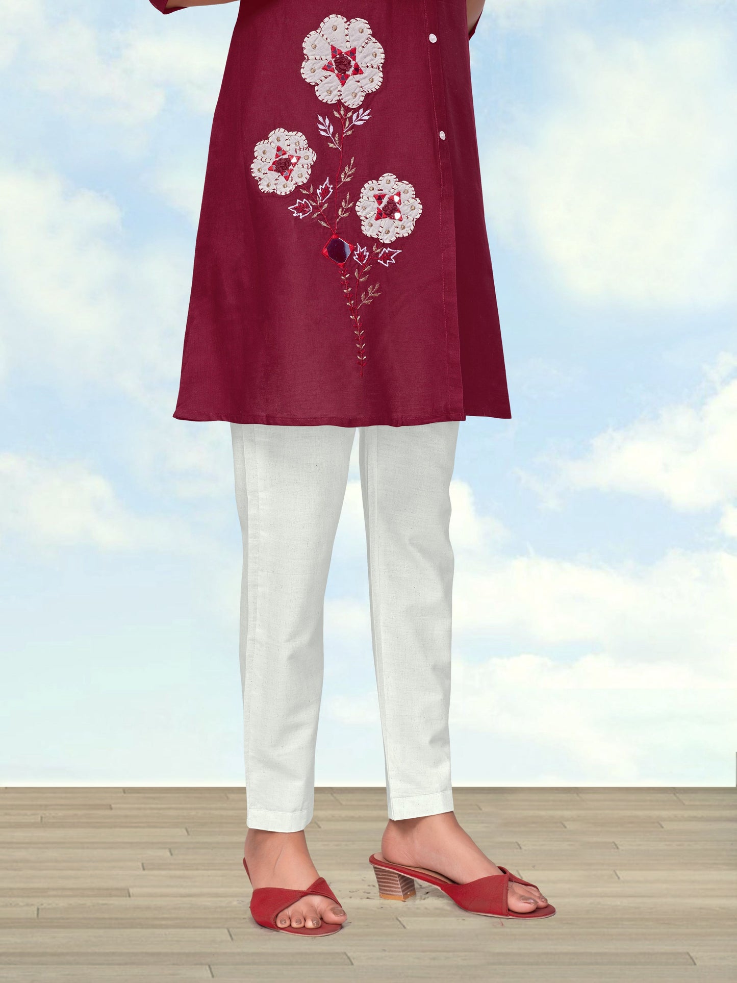 Monjolika Fashion Maroon Color Cotton Flex Embroidered Work Kurta Set