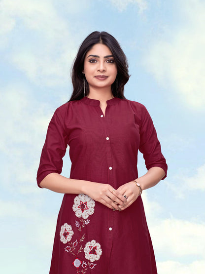 Monjolika Fashion Maroon Color Cotton Flex Embroidered Work Kurta Set