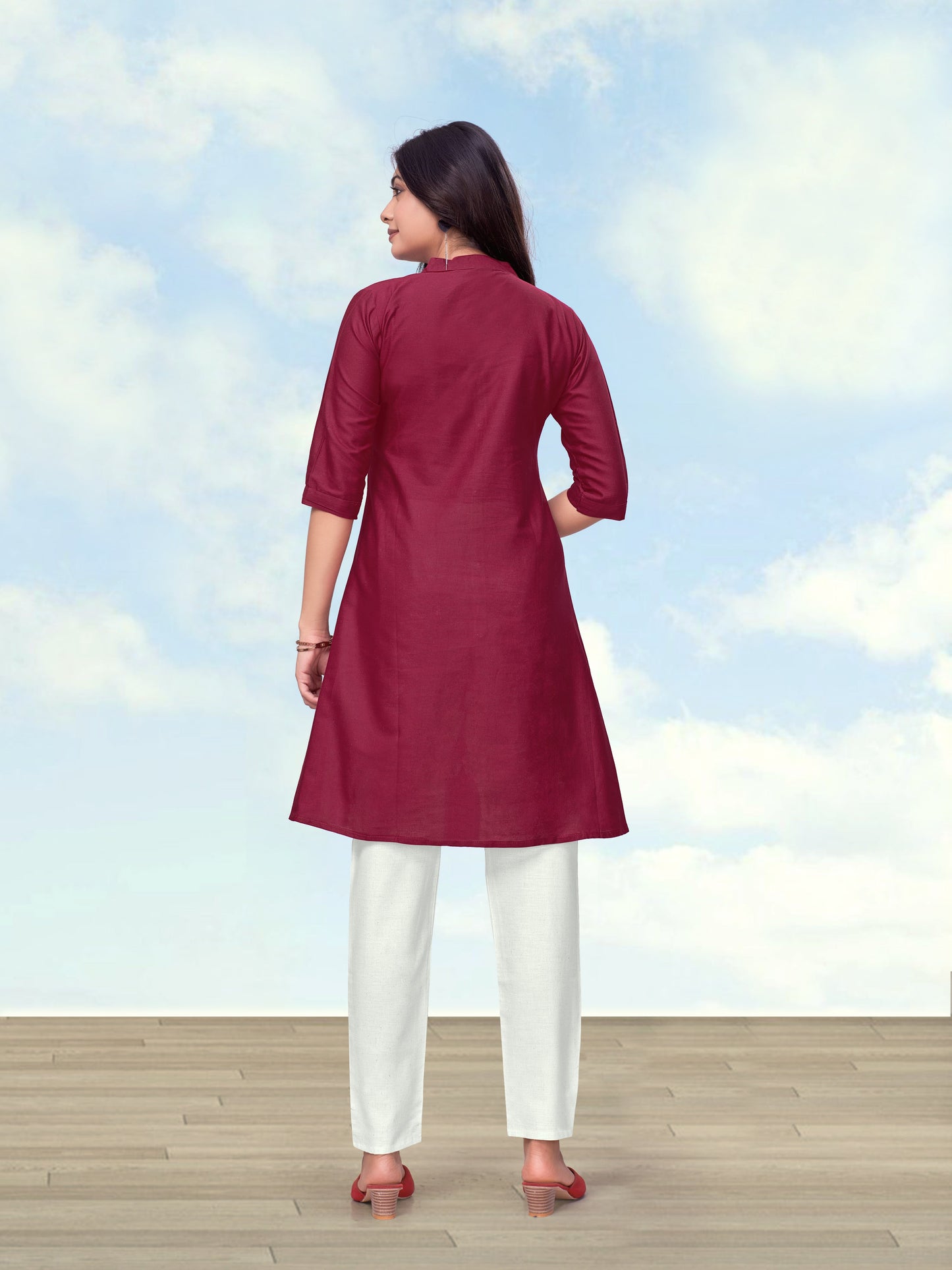 Monjolika Fashion Maroon Color Cotton Flex Embroidered Work Kurta Set