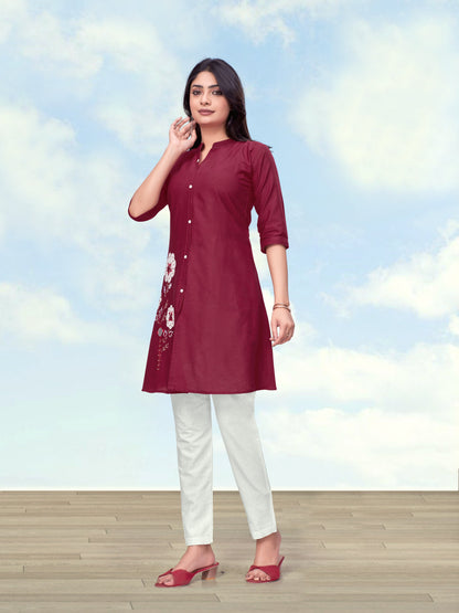 Monjolika Fashion Maroon Color Cotton Flex Embroidered Work Kurta Set