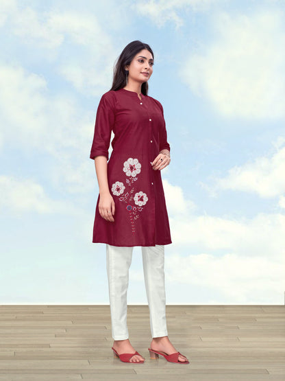 Monjolika Fashion Maroon Color Cotton Flex Embroidered Work Kurta Set