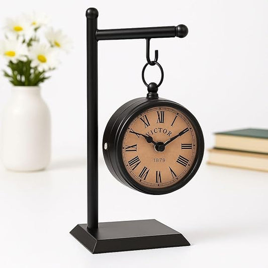Vintage London Station Table Clock Antique Black | Wood Iron & Glass Analog Desk Clock Home Decor