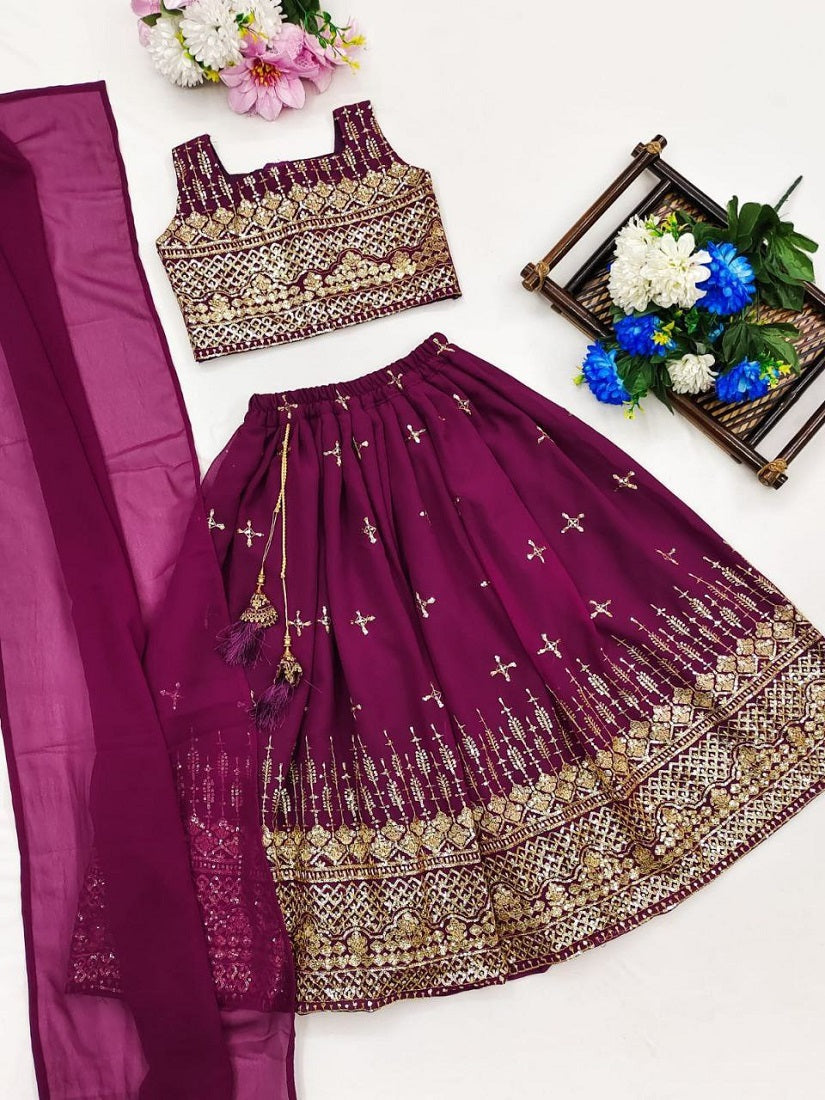Evanik Purple Designer Georgette Embroidered Work Wedding Lehenga Choli For Kids