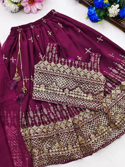 Evanik Purple Designer Georgette Embroidered Work Wedding Lehenga Choli For Kids