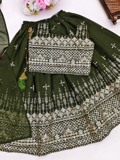 Evanik Green Designer Georgette Embroidered Work Wedding Lehenga Choli For Kids