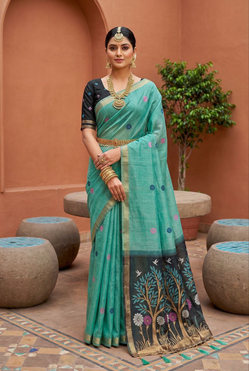 Mameraa Sarees Soft Pure Muga Cotton Saree With Meenakari Weaving Motifs And Contrast Blouse-Sea_Green