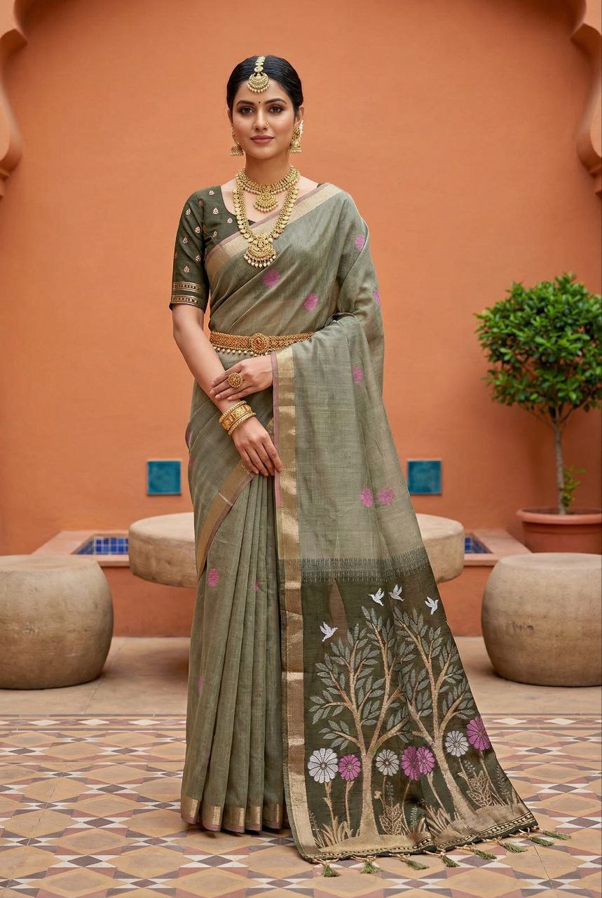 Mameraa Sarees Soft Pure Muga Cotton Saree With Meenakari Weaving Motifs And Contrast Blouse-Multi