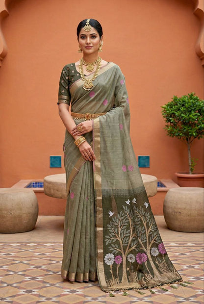 Mameraa Sarees Soft Pure Muga Cotton Saree With Meenakari Weaving Motifs And Contrast Blouse-Multi