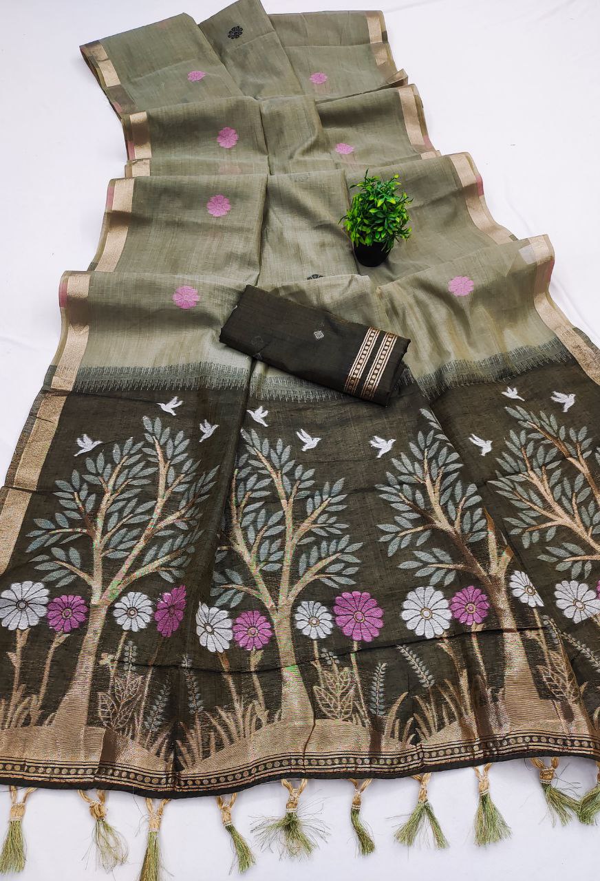 Mameraa Sarees Soft Pure Muga Cotton Saree With Meenakari Weaving Motifs And Contrast Blouse-Multi