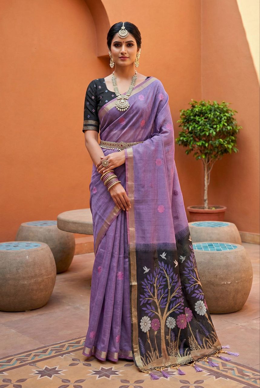 Mameraa Sarees Soft Pure Muga Cotton Saree With Meenakari Weaving Motifs And Contrast Blouse-Purple