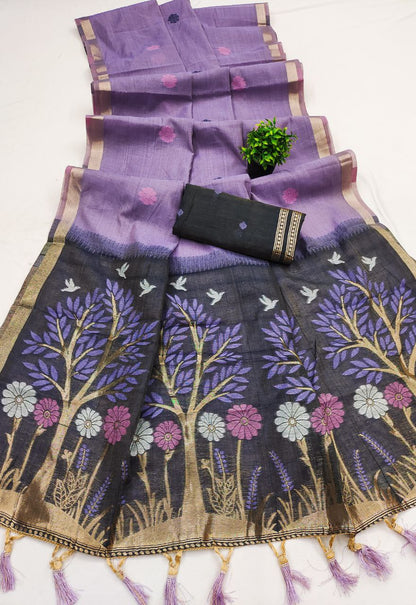 Mameraa Sarees Soft Pure Muga Cotton Saree With Meenakari Weaving Motifs And Contrast Blouse-Purple