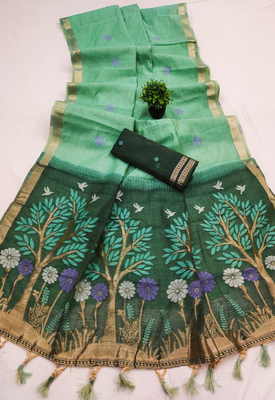 Mameraa Sarees Soft Pure Muga Cotton Saree With Meenakari Weaving Motifs And Contrast Blouse-Sea_Green