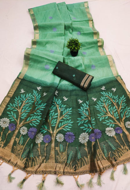 Mameraa Sarees Soft Pure Muga Cotton Saree With Meenakari Weaving Motifs And Contrast Blouse-Sea_Green