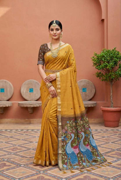 Mameraa Sarees Soft Pure Muga Cotton Saree With Meenakari Weaving Motifs And Contrast Blouse-Yellow