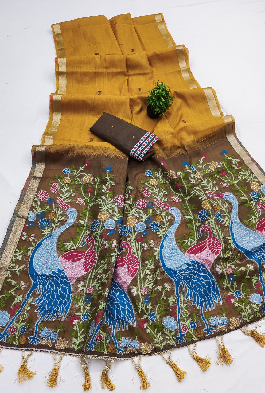 Mameraa Sarees Soft Pure Muga Cotton Saree With Meenakari Weaving Motifs And Contrast Blouse-Yellow