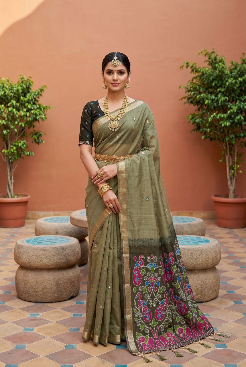 Mameraa Sarees Soft Pure Muga Cotton Saree With Meenakari Weaving Motifs And Contrast Blouse-Mehendi