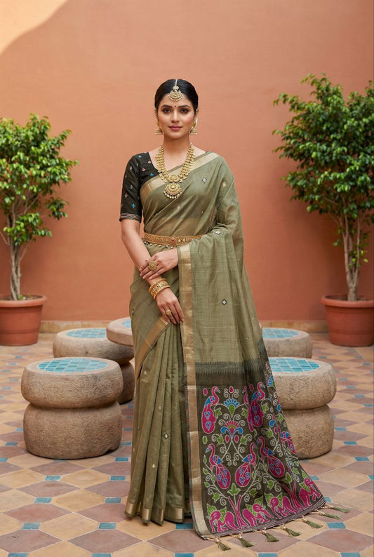 Mameraa Sarees Soft Pure Muga Cotton Saree With Meenakari Weaving Motifs And Contrast Blouse-Mehendi