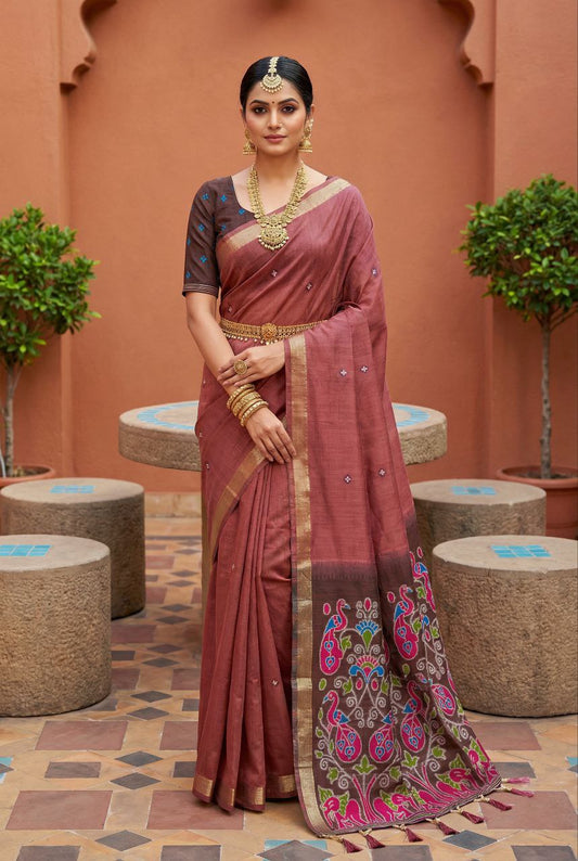Mameraa Sarees Soft Pure Muga Cotton Saree With Meenakari Weaving Motifs And Contrast Blouse-Pink