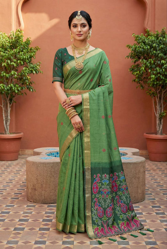 Mameraa Sarees Soft Pure Muga Cotton Saree With Meenakari Weaving Motifs And Contrast Blouse-Green