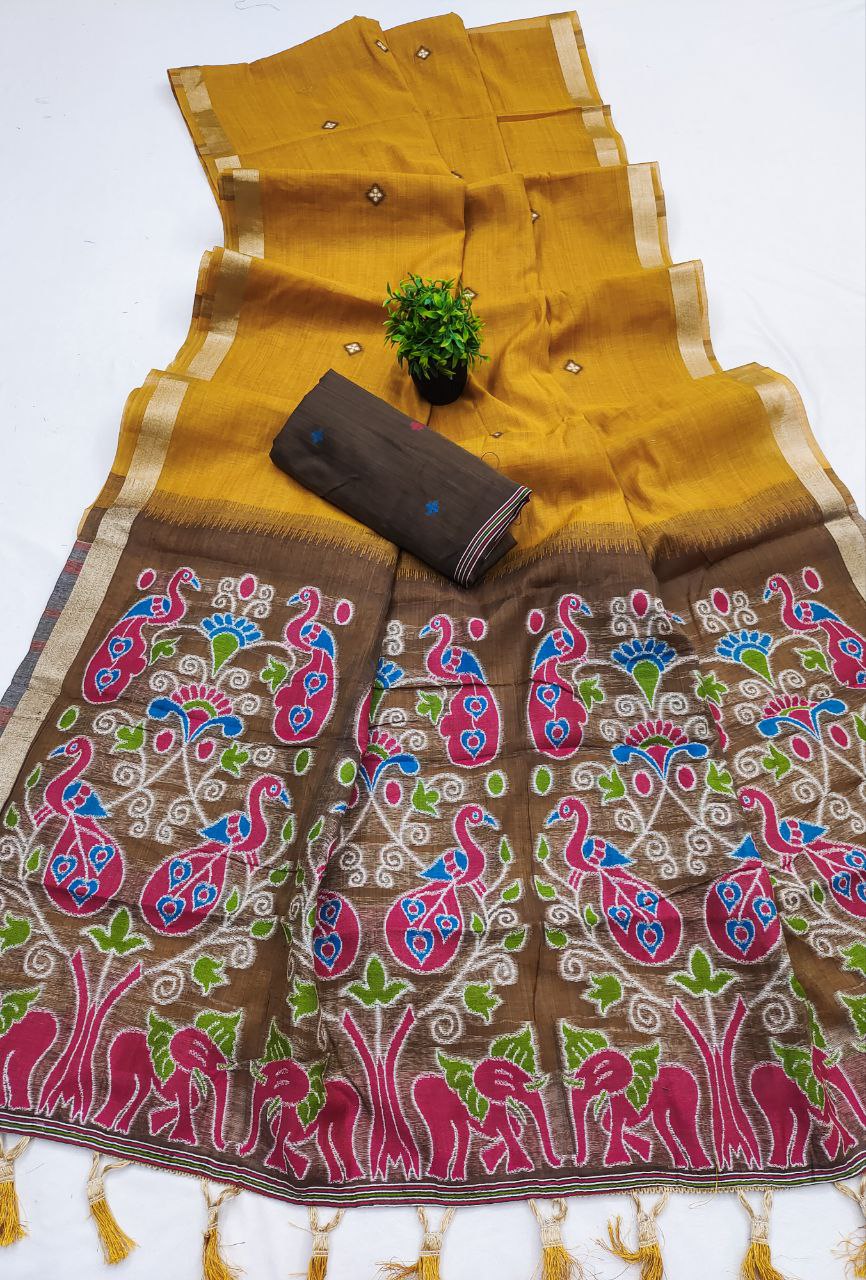 Mameraa Sarees Soft Pure Muga Cotton Saree With Meenakari Weaving Motifs And Contrast Blouse-Rust