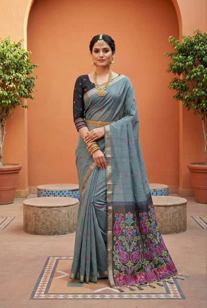 Mameraa Sarees Soft Pure Muga Cotton Saree With Meenakari Weaving Motifs And Contrast Blouse-Grey