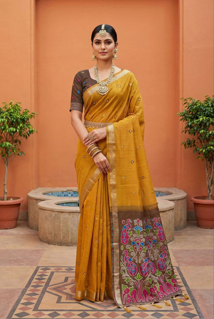 Mameraa Sarees Soft Pure Muga Cotton Saree With Meenakari Weaving Motifs And Contrast Blouse-Rust