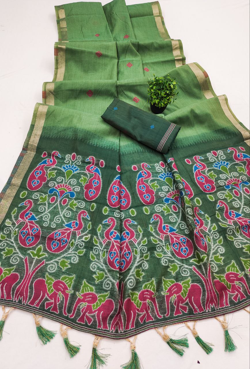 Mameraa Sarees Soft Pure Muga Cotton Saree With Meenakari Weaving Motifs And Contrast Blouse-Green