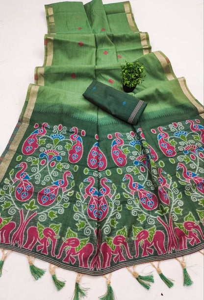 Mameraa Sarees Soft Pure Muga Cotton Saree With Meenakari Weaving Motifs And Contrast Blouse-Green