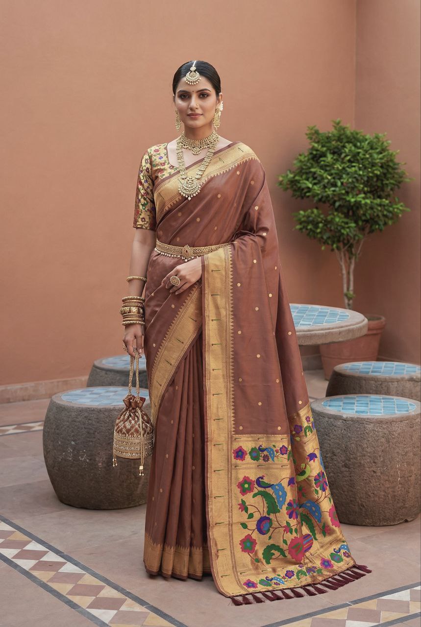 Mameraa Sarees Coffee Faux Banarasi Silk Saree With Paithani Rich Weaved Pallu And Blouse-Cofee