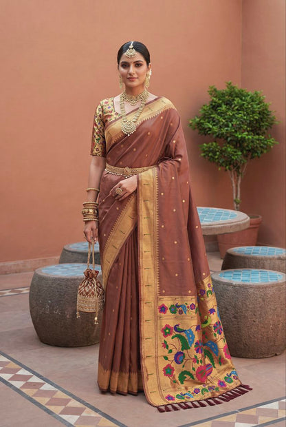 Mameraa Sarees Coffee Faux Banarasi Silk Saree With Paithani Rich Weaved Pallu And Blouse-Cofee
