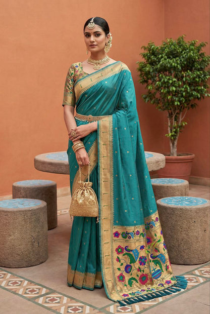 Mameraa Sarees Rama Faux Banarasi Silk Saree With Paithani Rich Weaved Pallu And Blouse-Sea_Green