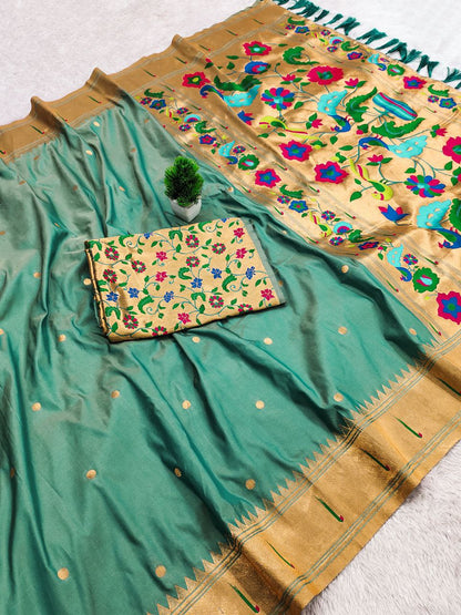 Mameraa Sarees Rama Faux Banarasi Silk Saree With Paithani Rich Weaved Pallu And Blouse-Sea_Green