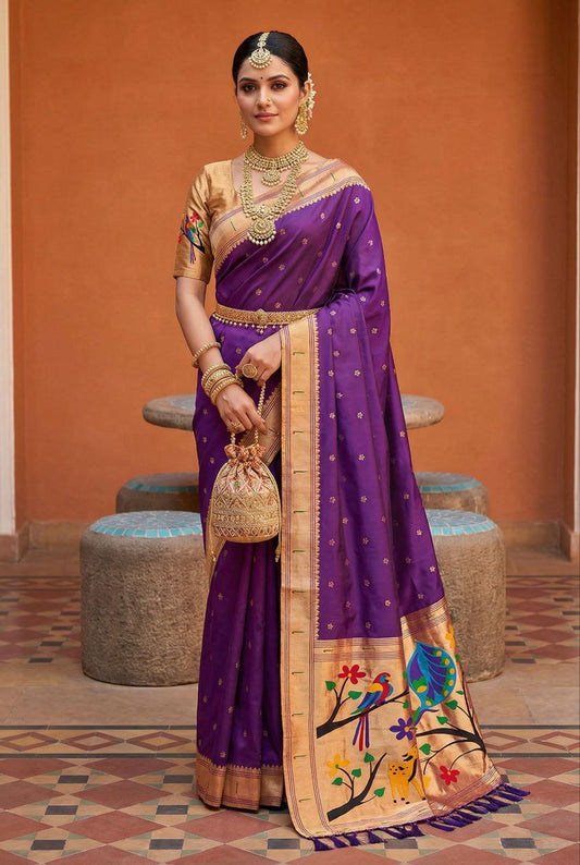 Mameraa Sarees Purple Faux Banarasi Silk Saree With Paithani Rich Weaved Pallu And Blouse-Purple
