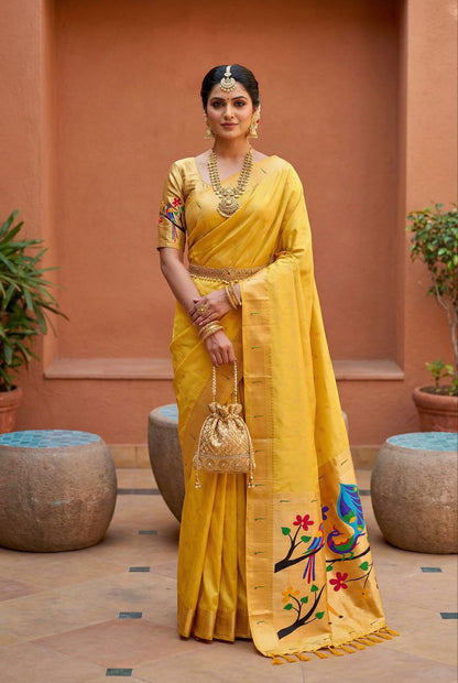 Mameraa Sarees Yellow Faux Banarasi Silk Saree With Paithani Rich Weaved Pallu And Blouse-Yellow