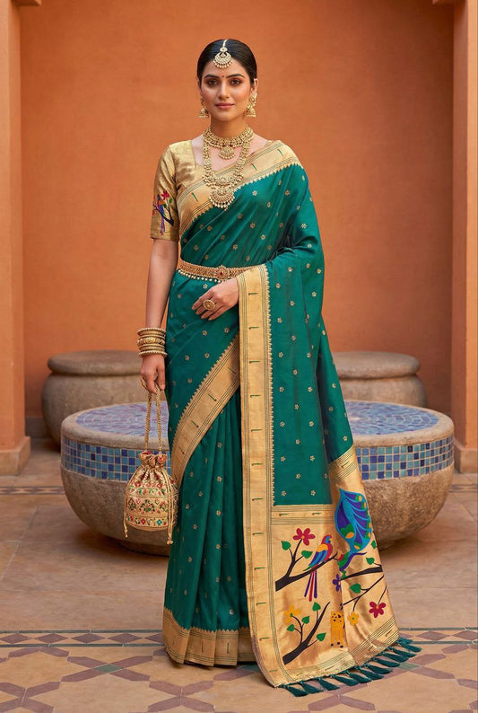 Mameraa Sarees Rama Faux Banarasi Silk Saree With Paithani Rich Weaved Pallu And Blouse-Rama_Green