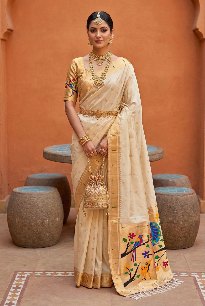 Mameraa Sarees White Faux Banarasi Silk Saree With Paithani Rich Weaved Pallu And Blouse-White