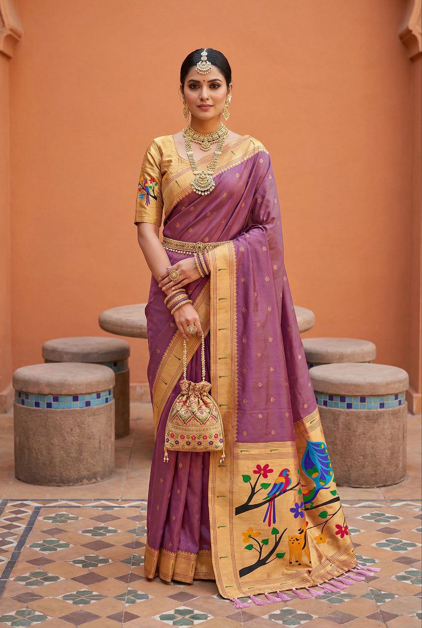 Mameraa Sarees Onion Pink Faux Banarasi Silk Saree With Paithani Rich Weaved Pallu And Blouse-Onion_Pink