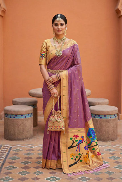 Mameraa Sarees Onion Pink Faux Banarasi Silk Saree With Paithani Rich Weaved Pallu And Blouse-Onion_Pink