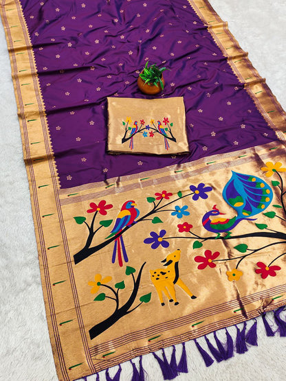 Mameraa Sarees Purple Faux Banarasi Silk Saree With Paithani Rich Weaved Pallu And Blouse-Purple