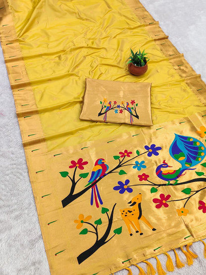 Mameraa Sarees Yellow Faux Banarasi Silk Saree With Paithani Rich Weaved Pallu And Blouse-Yellow