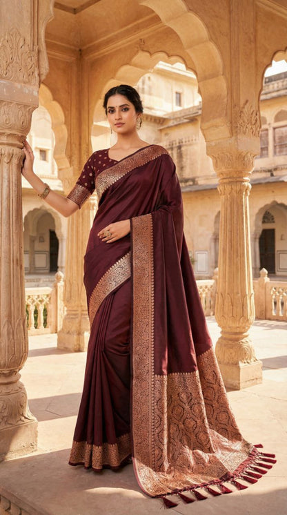 Mameraa Sarees Coffee Soft Banarasi Silk Fabric Saree With Natural Zari Weaving In Gala Border-Coffee