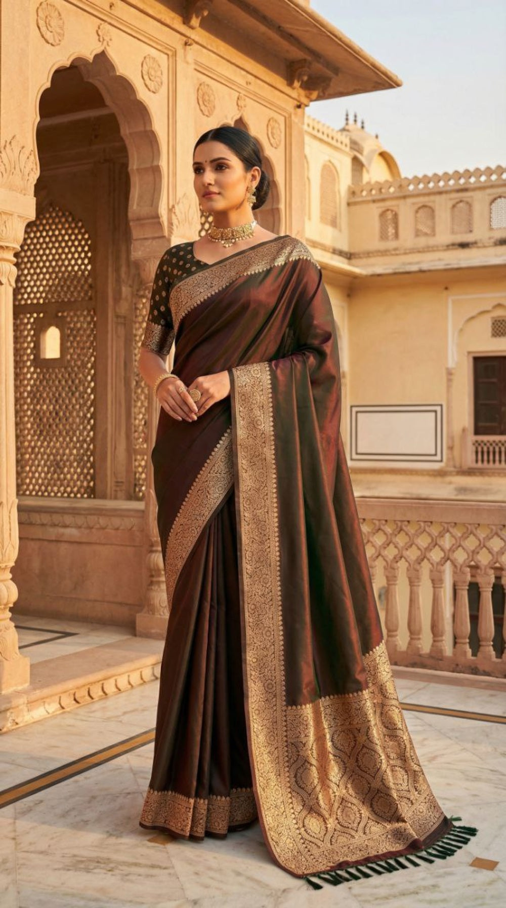 Mameraa Sarees Brown Soft Banarasi Silk Fabric Saree With Natural Zari Weaving In Gala Border-Brown