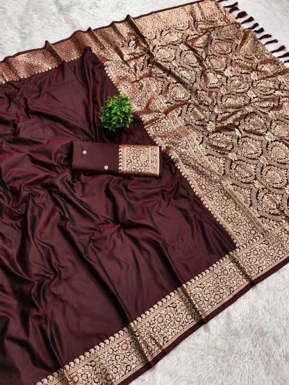 Mameraa Sarees Coffee Soft Banarasi Silk Fabric Saree With Natural Zari Weaving In Gala Border-Coffee