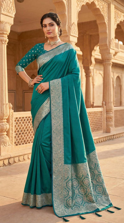 Mameraa Sarees Sea Greensoft Banarasi Silk Fabric Saree With Natural Zari Weaving In Gala Border-Sea_Green