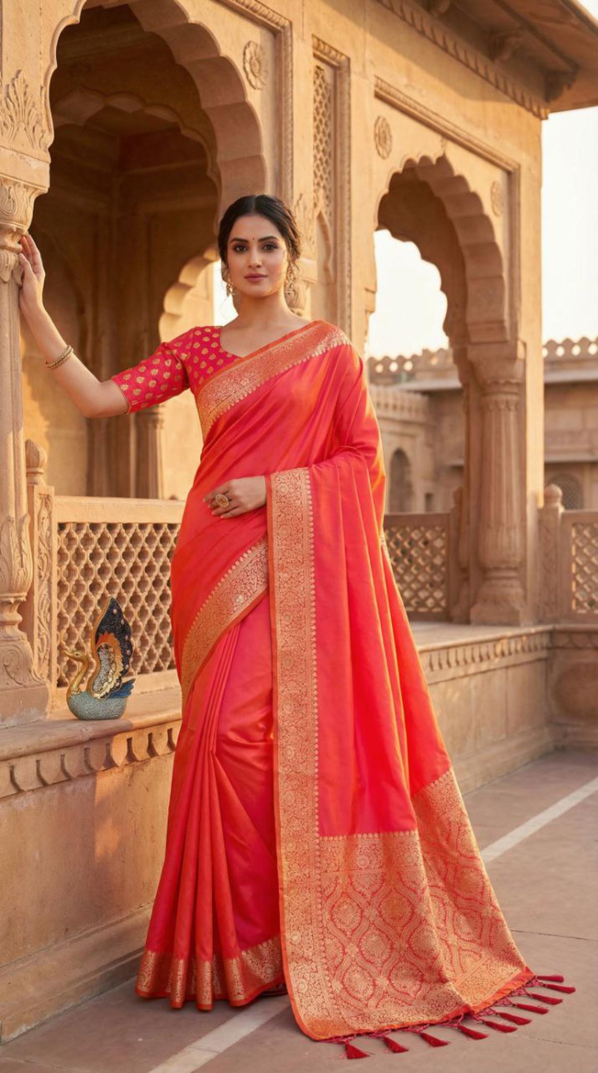 Mameraa Sarees Peach Soft Banarasi Silk Fabric Saree With Natural Zari Weaving In Gala Border-Peach