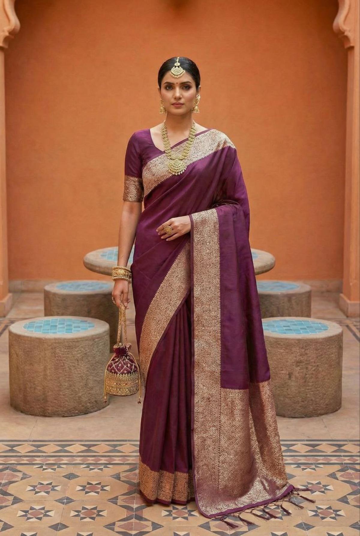 Mameraa Sarees Wine Soft Banarasi Silk Fabric Saree With Natural Zari Weaving In Gala Border-Wine