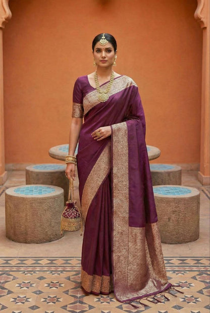 Mameraa Sarees Wine Soft Banarasi Silk Fabric Saree With Natural Zari Weaving In Gala Border-Wine