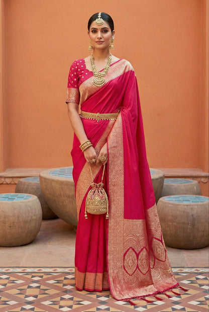 Mameraa Sarees Pink Soft Banarasi Silk Fabric Saree With Natural Zari Weaving In Gala Border-Pink