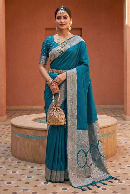 Mameraa Sarees Teal Soft Banarasi Silk Fabric Saree With Natural Zari Weaving In Gala Border-Teal